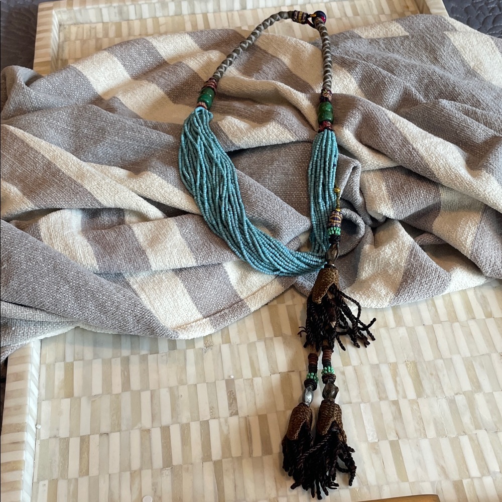 Elegant Blue Beaded Necklace with tassels (bw)